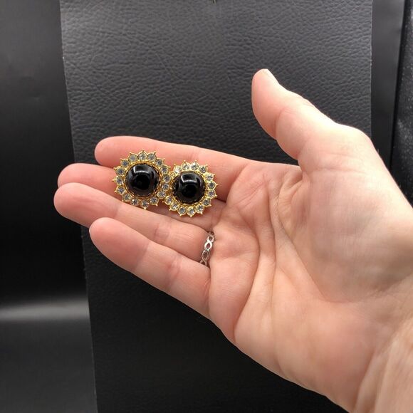 Vintage Joan Rivers Earrings Convertible Rhinestone Frame Black Dome Posts - Picture 10 of 10